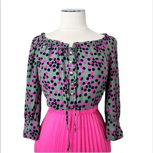 JUICY COUTURE Silk Polka Dot Print Gold Apple Button Ruffle Neckline Blouse Sz 4